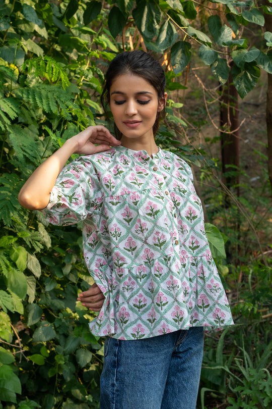 Charlie Block Print Top - Green Leaf