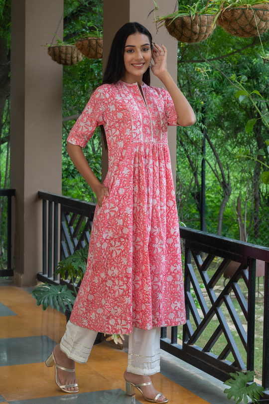 Dhvani Pink Block Print Kurta and White Pants - Set