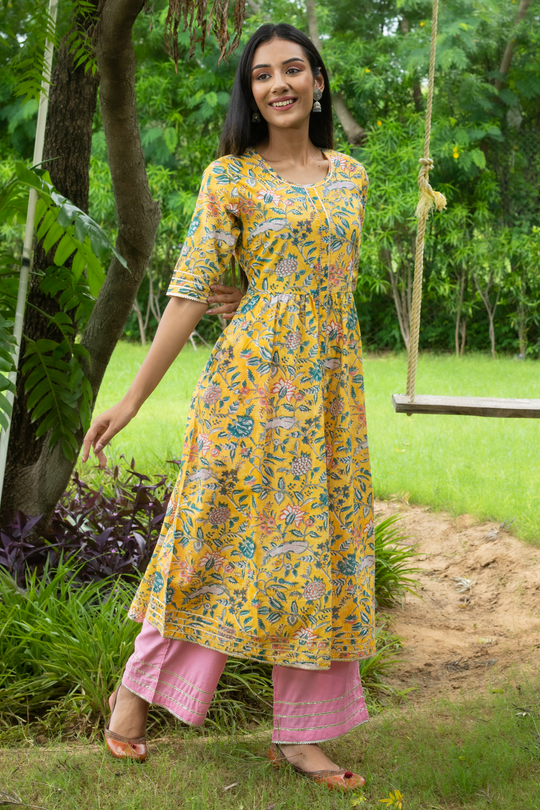 Aashvi Yellow Block Print Kurta and Pink Pants - Set