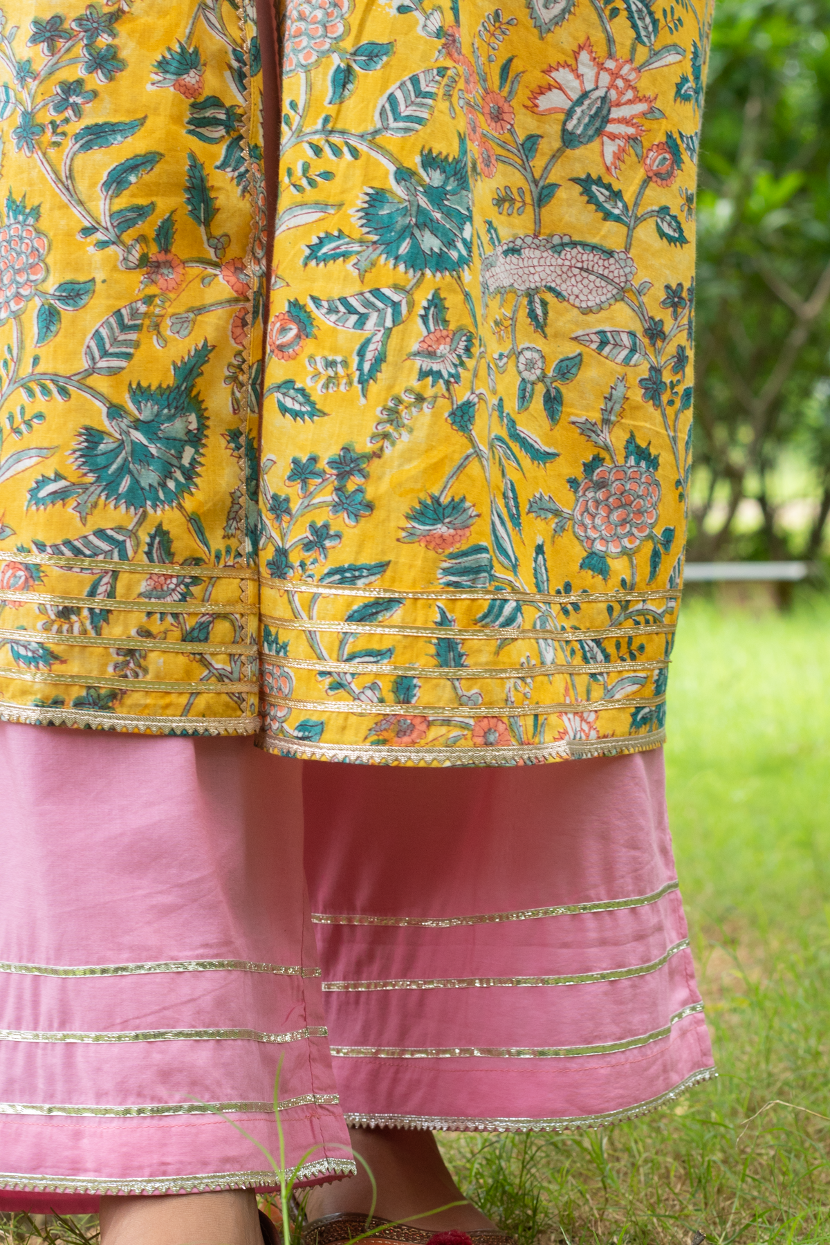 Aashvi Yellow Block Print Kurta and Pink Pants - Set