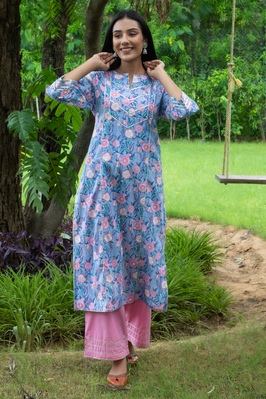 Manya Blue Block Print Kurta and Pink Pants - Set