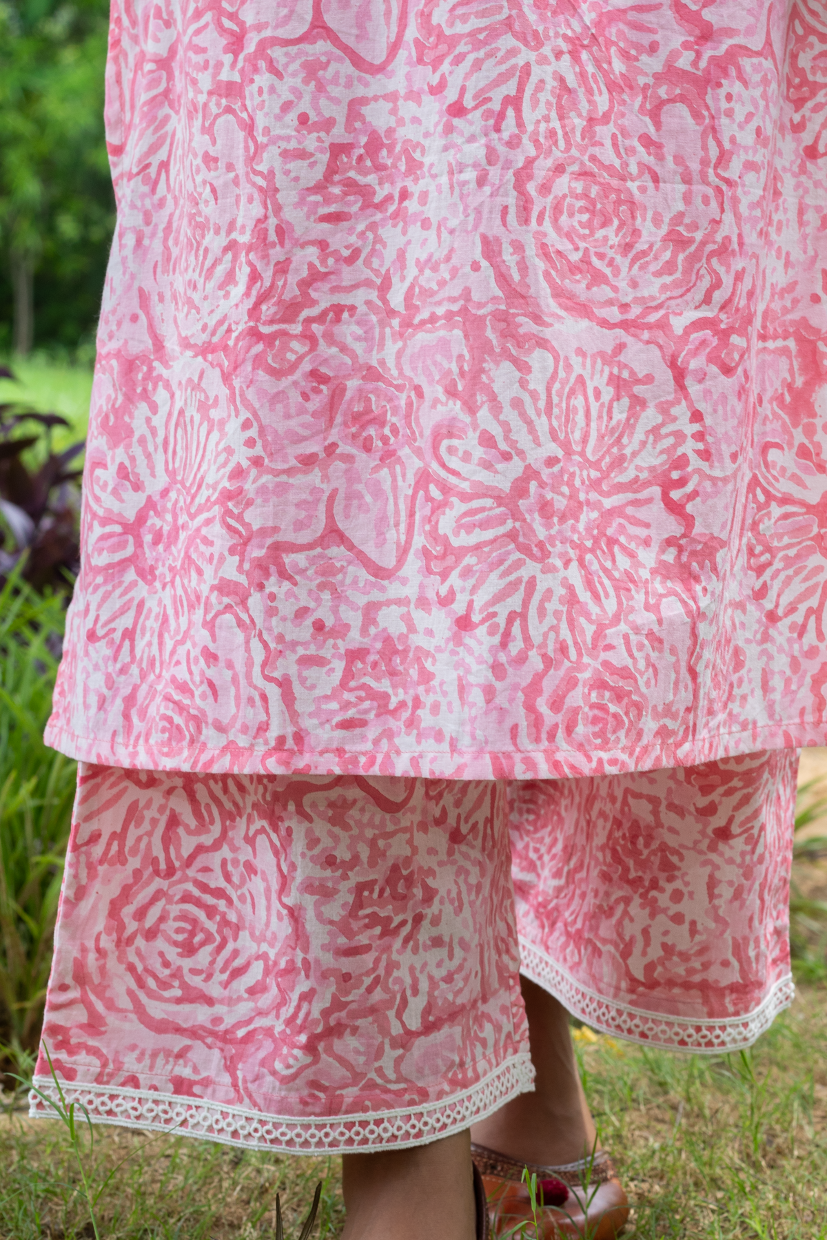 Triya Pink Block Print Lace Kurta and Pants - Set