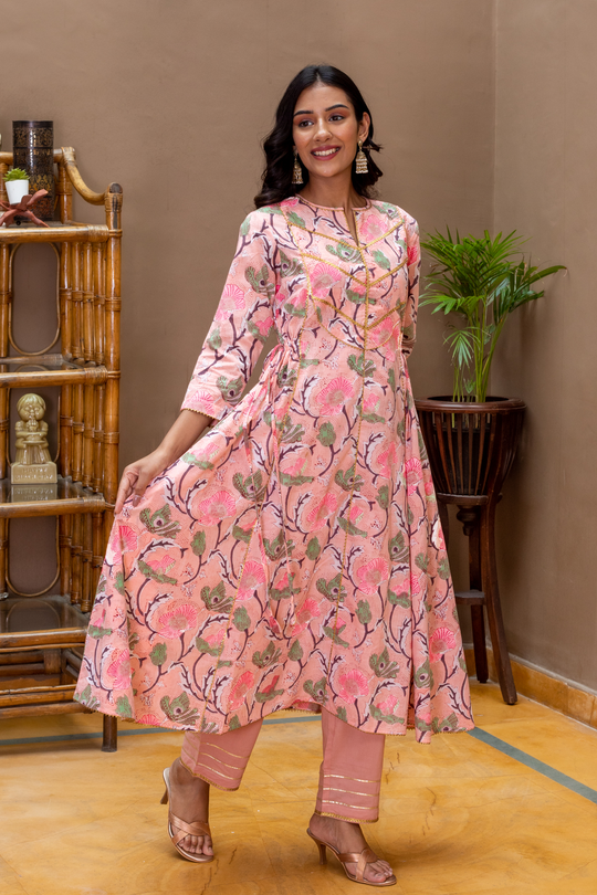 Amara Peach Block Print Flared Kurta