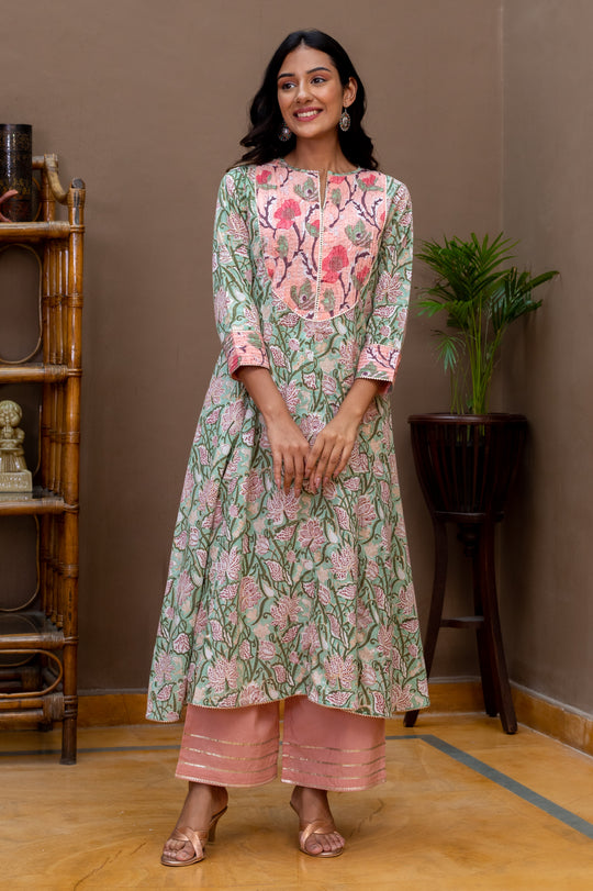 Amara Green Block Print Flared Kurta and Blush Pants - Set