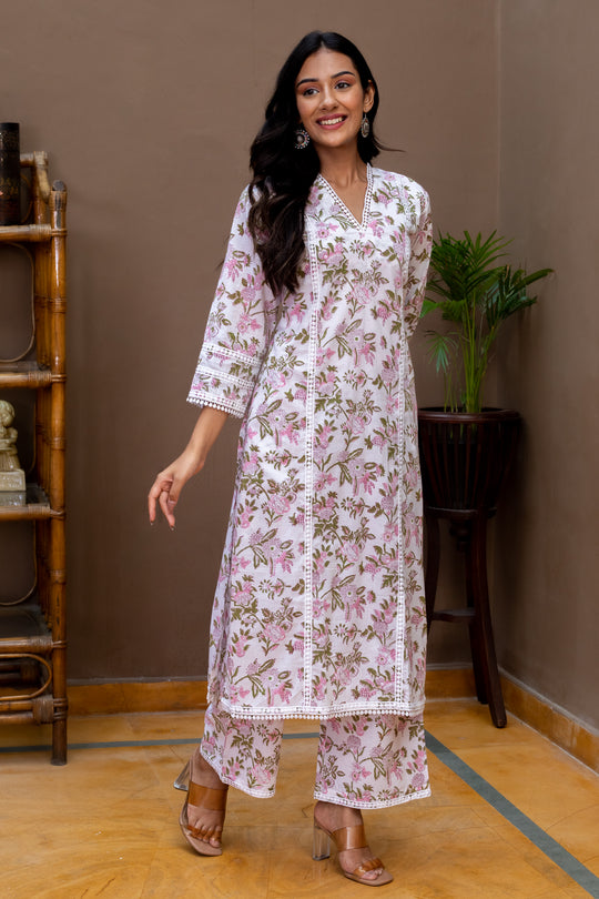 Vanya White Green Block Print Kurta and Pants - Set