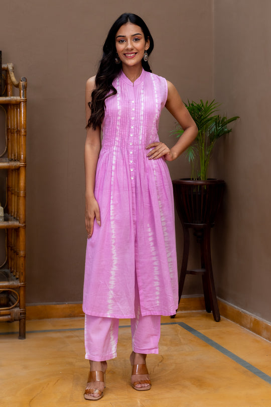 Kaeya Lavender Tie Dye Sleeveless Pintuck Kurta and Pants - Set