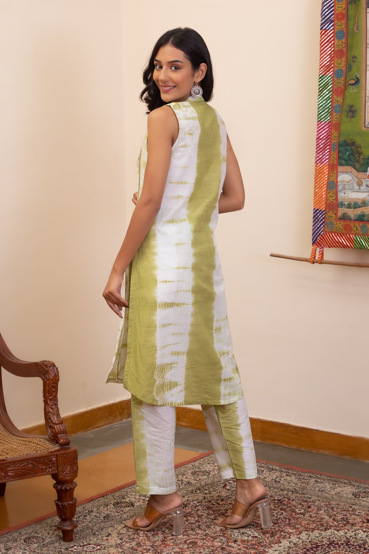 Kaeya Green Tie Dye Sleeveless Pintuck Kurta and Pants - Set