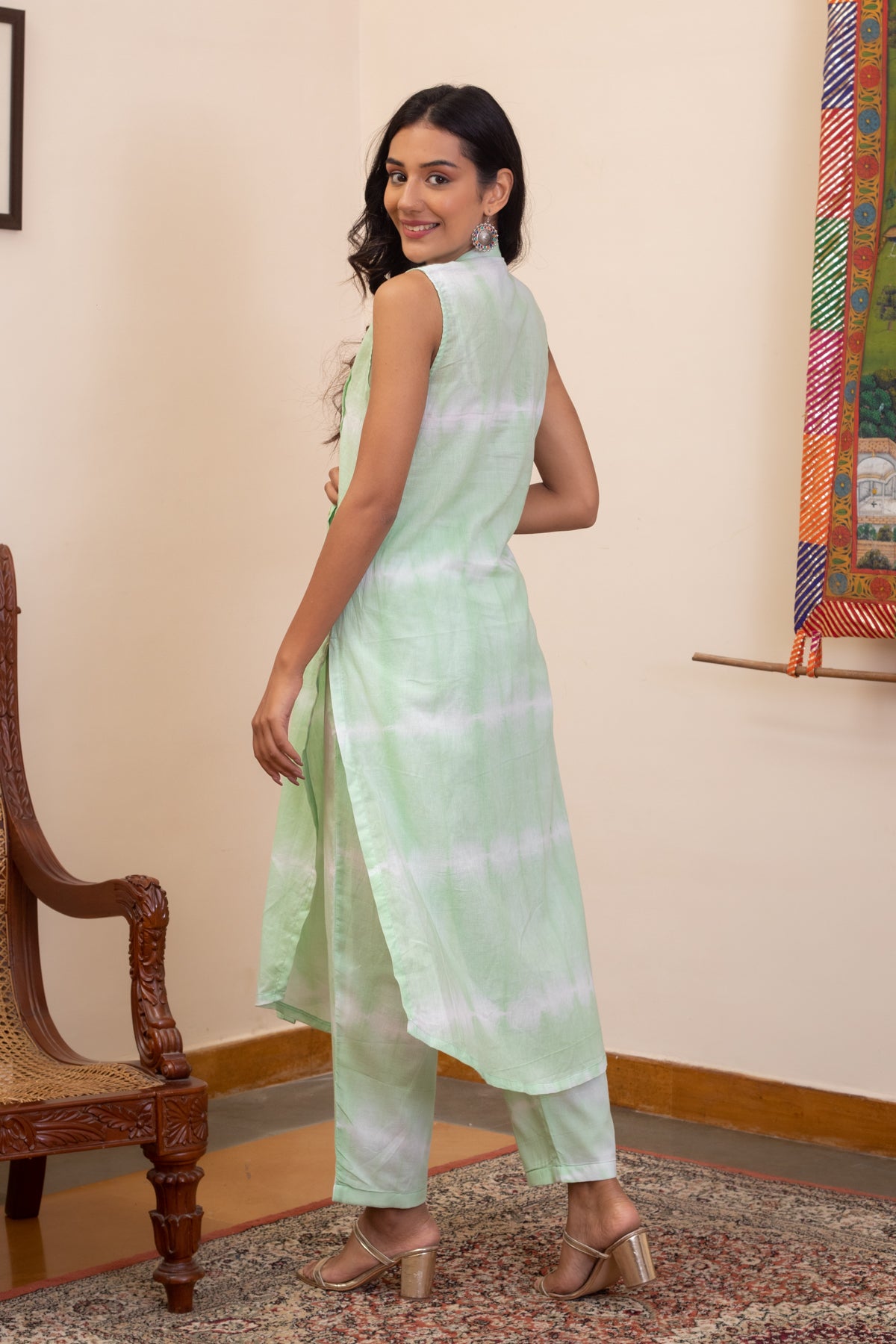 Kaeya Mint Tie Dye Sleeveless Pintuck Kurta and Pants - Set