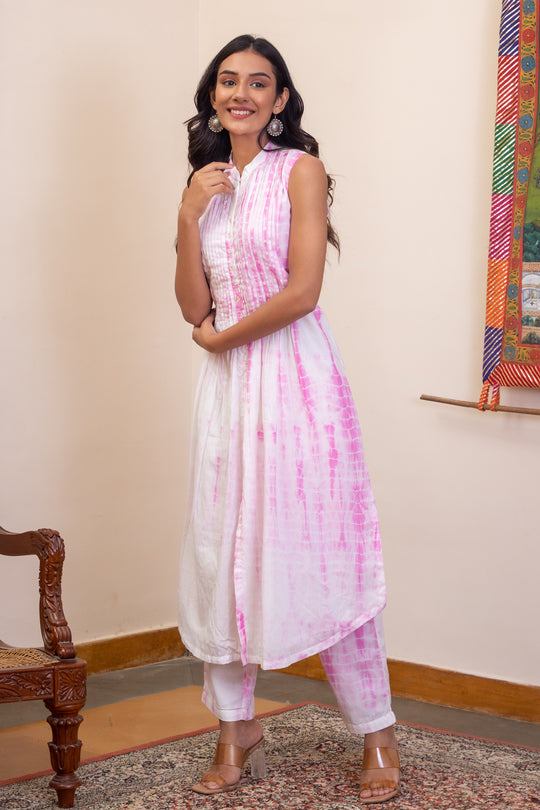 Kaeya White Pink Tie Dye Sleeveless Pintuck Kurta and Pants - Set