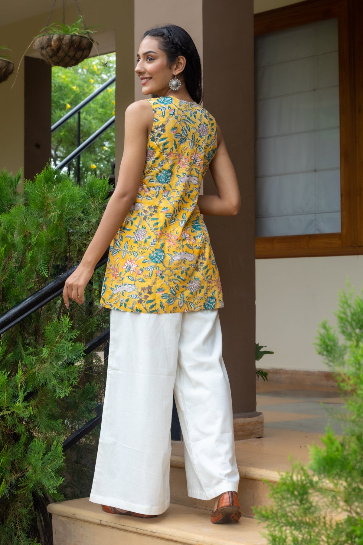 Alia Yellow Block Print Top and White Flared Pants - Set August Co.