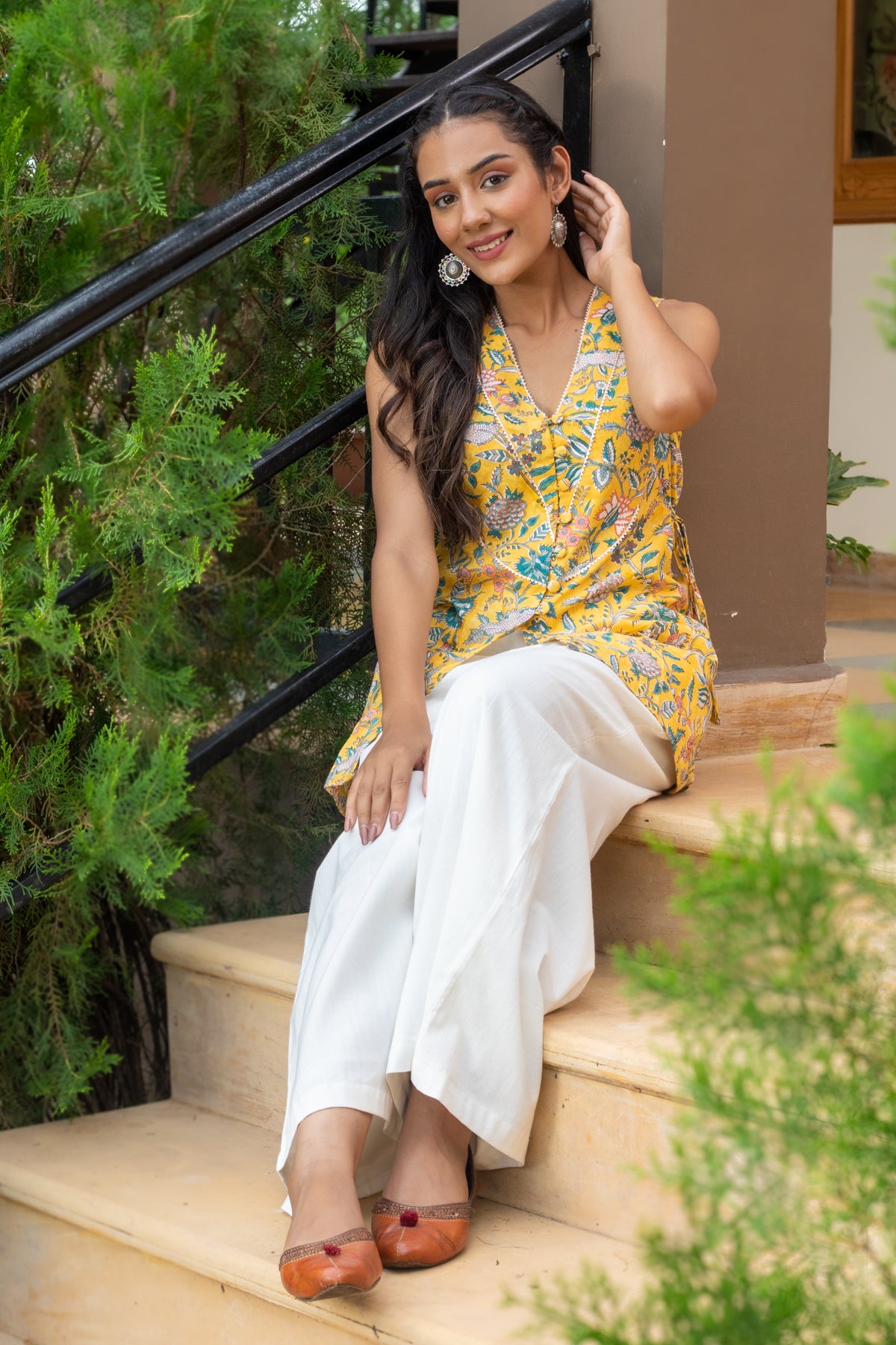 Alia Yellow Block Print Top and White Flared Pants - Set
