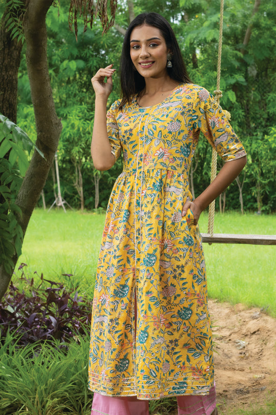 Aashvi Yellow Block Print Kurta