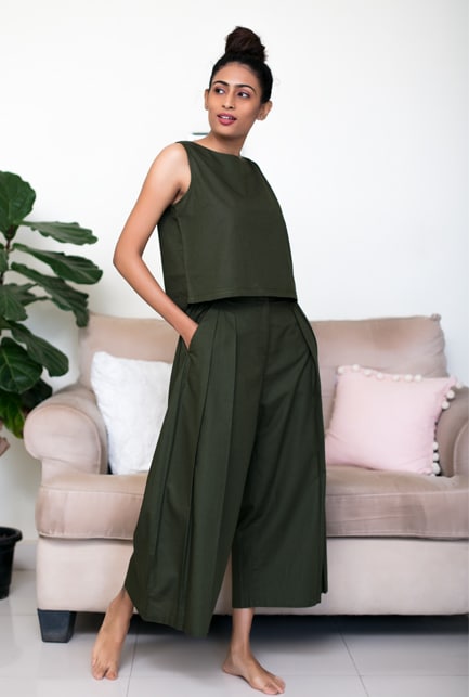 Ubika Deep Green Pleated Culottes right view-1