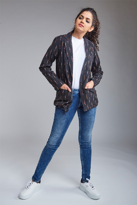 Eva Handloom Ikat Long Jacket – Black front view-1