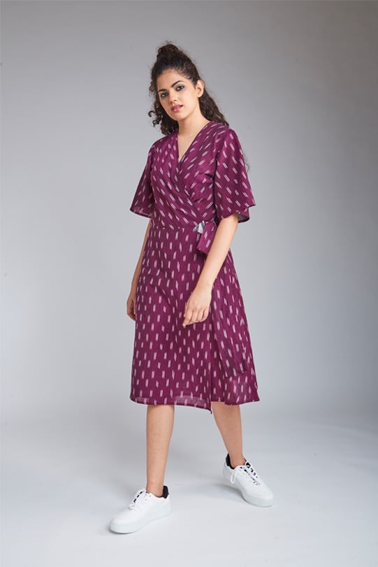 Private: Layla Handloom Ikat Wrap Dress-wine front view-1