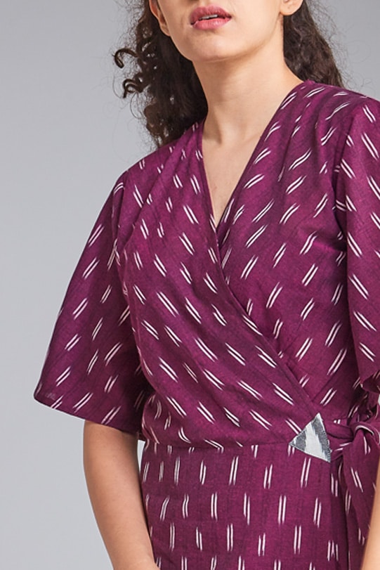 Private: Layla Handloom Ikat Wrap Dress-wine front view