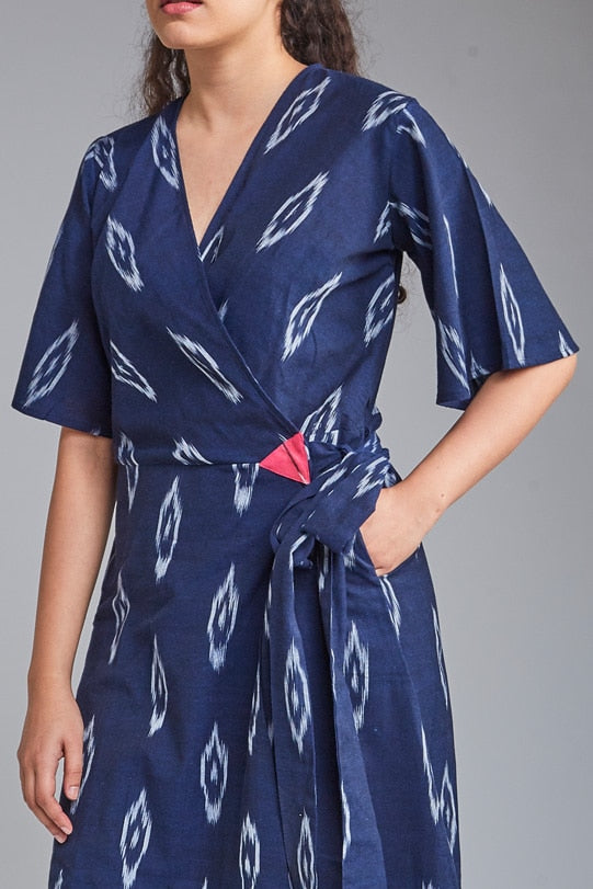 Layla Handloom Ikat Wrap Dress – Navy front view-1