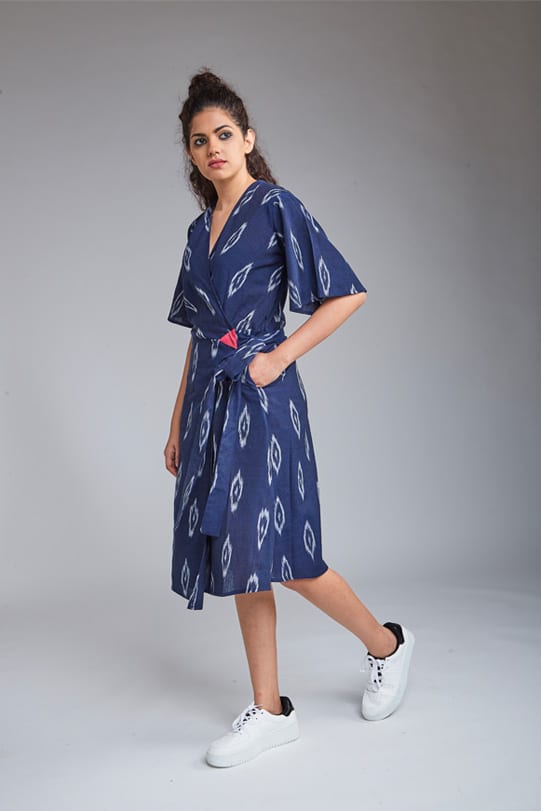 Layla Handloom Ikat Wrap Dress – Navy right view