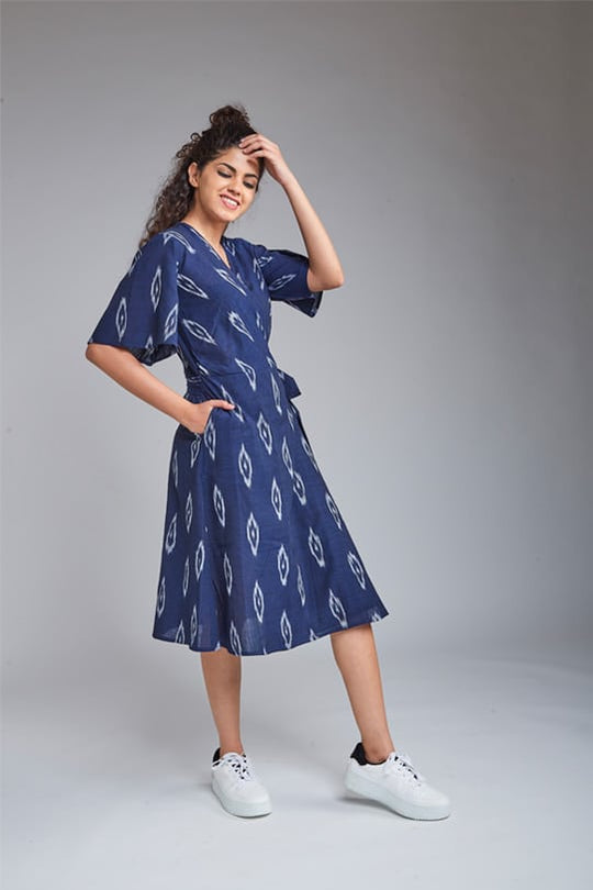 Layla Handloom Ikat Wrap Dress - Navy