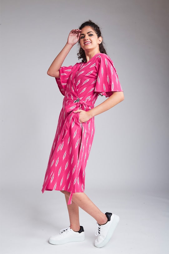 Layla Handloom Ikat Wrap Dress – Pink left view