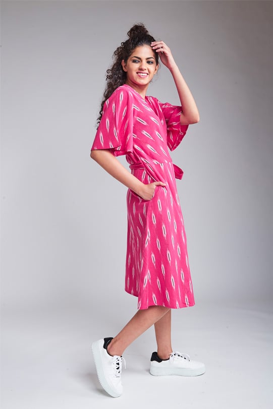 Layla Handloom Ikat Wrap Dress – Pink right view