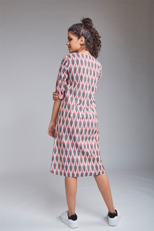 Emily Handloom Ikat Shift Dress – Grey/Pink back view