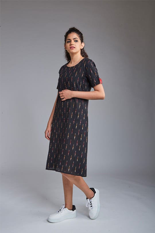 Calie Handloom Ikat Shift Dress - Black