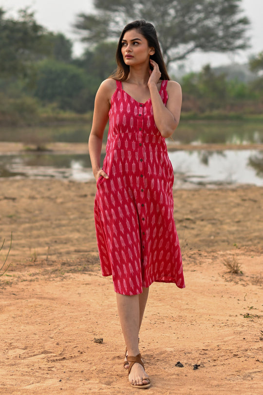 Tasha Pink Ikat Strappy Buttoned Dress