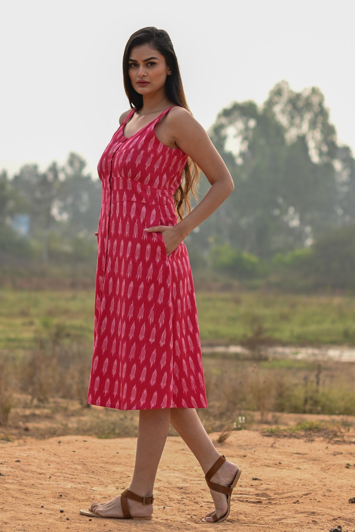 Tasha Pink Ikat Strappy Buttoned Dress