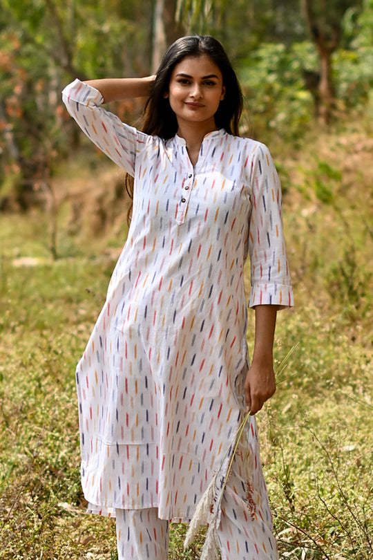 Jasmine Handloom Ikat Kurta - White