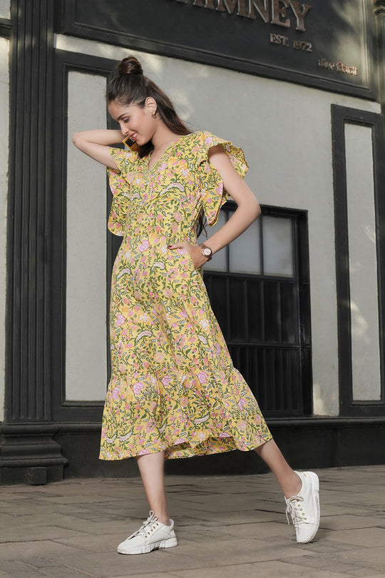 Aspen Ruffle Sleeve Dress - Yellow