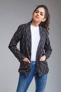 Eva Handloom Ikat Long Jacket – Black front view