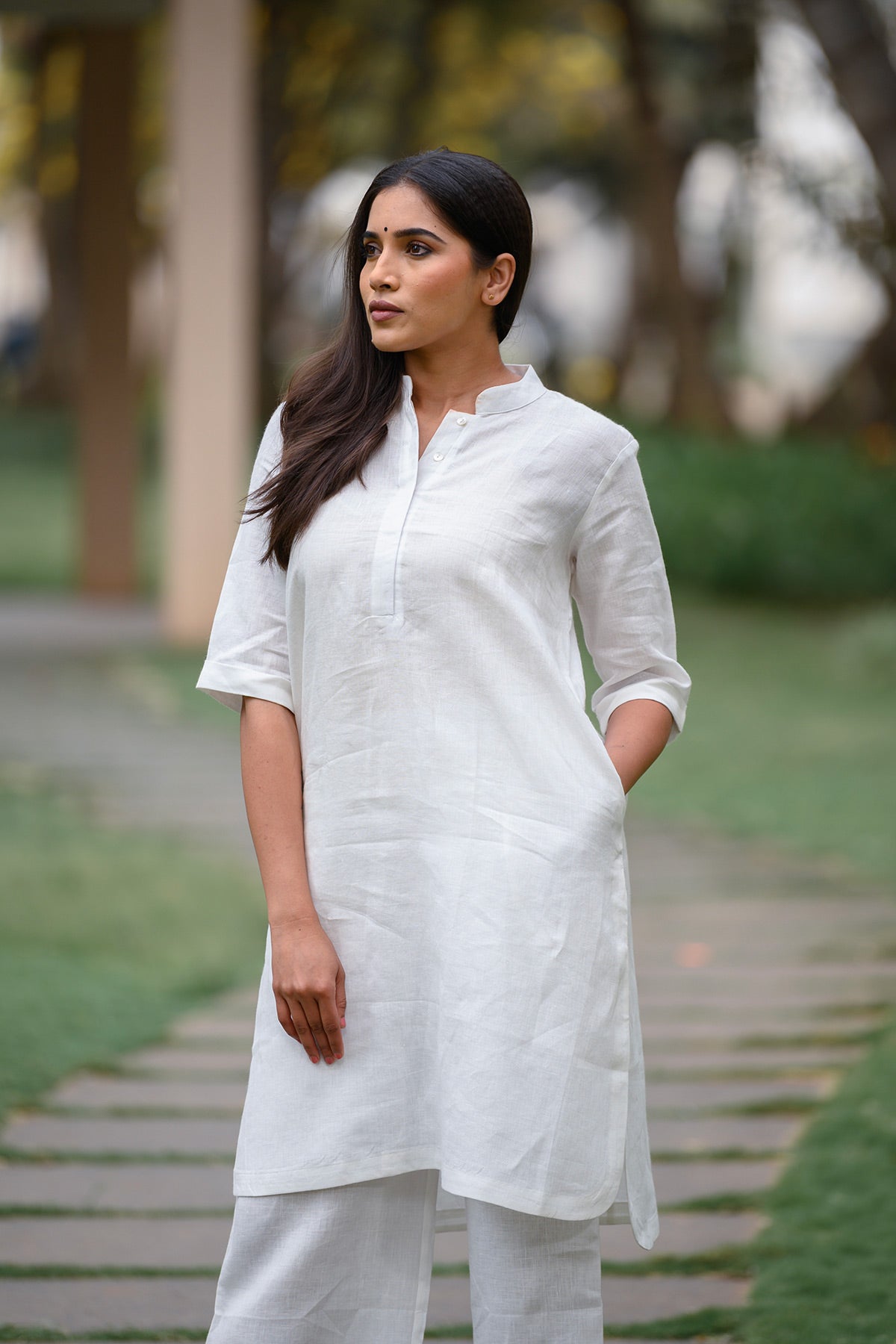 OffWhite Printed Cotton Straight Kurta With Trousers