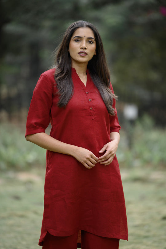 Thea Linen Kurta - Maroon