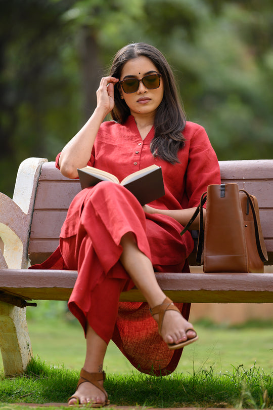 Thea Linen Kurta and Pants Set - Maroon