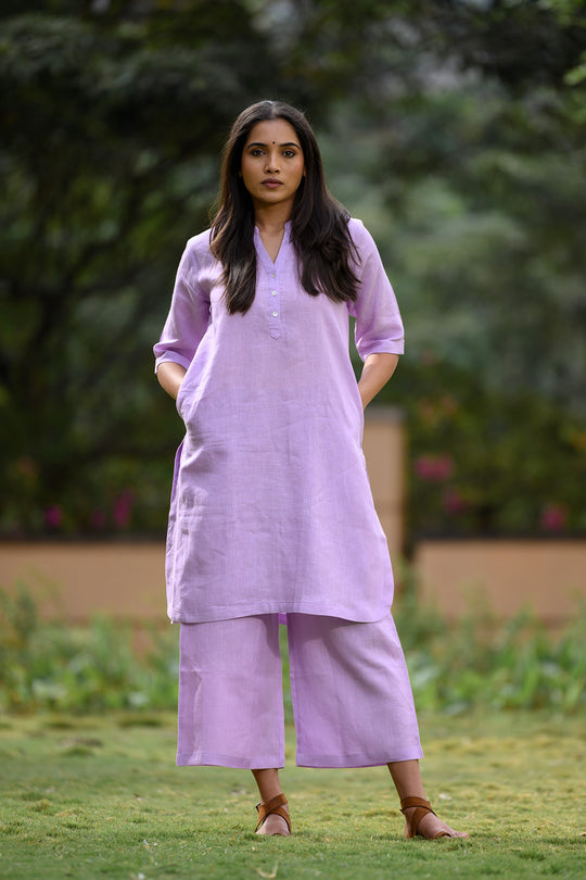 Thea Linen Kurta and Cropped Pants - Lilac