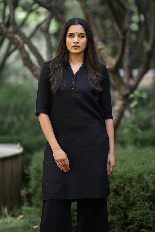Thea Linen Kurta - Black