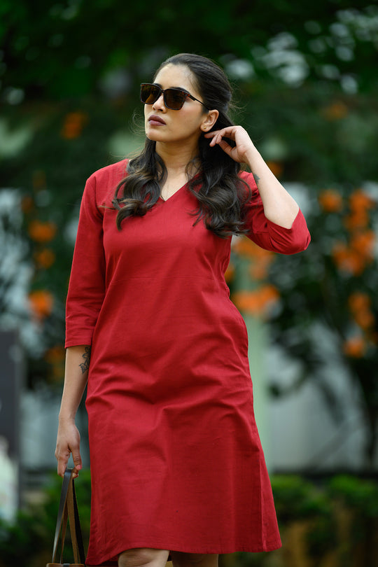 Inaya Cotton Linen A-line Dress - Maroon
