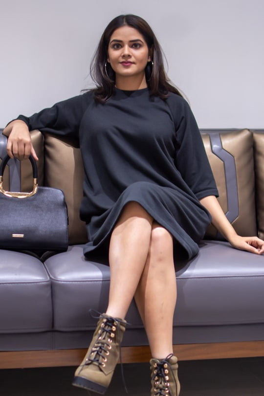 Alina Raglan Sleeve Warm Dress - Black