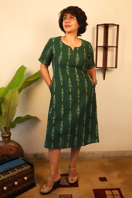 Giana Handloom Ikat Shift Dress - Green