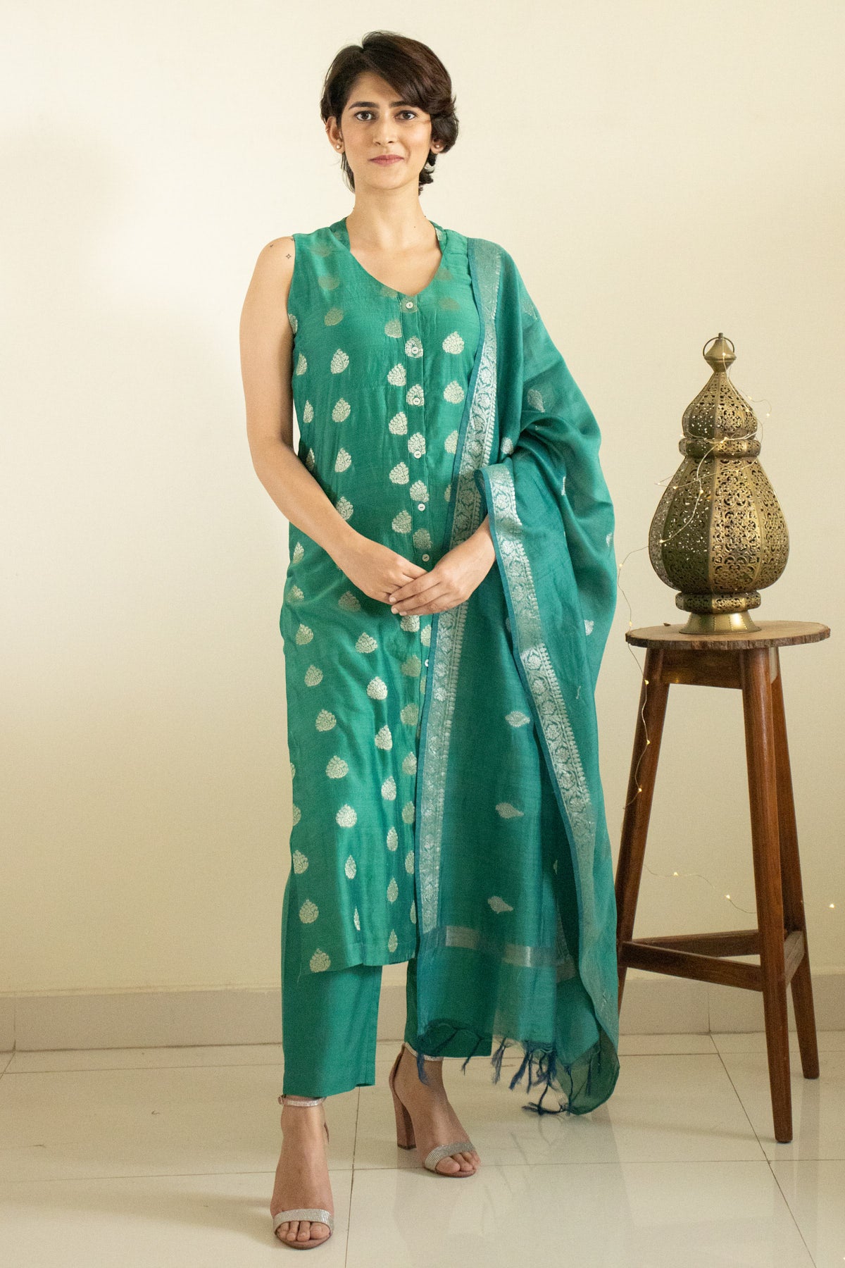 Buy Indian Summer Wear Kurta Trousers Set Green Printed A-line Kurta With  Trousers & Dupatta Indian Ethnic Wear Anarkali Kurta Pant Set Online in  India - Etsy