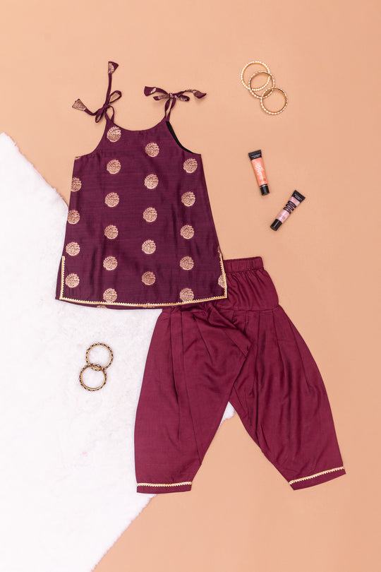 Cookie Wine Chanderi Silk Tie Up Top And Salvar For Girls- Set