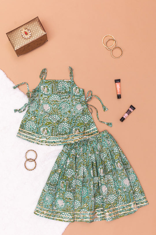 KiKi Green Block Print Lehenga Set - Girls