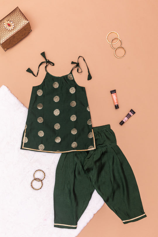 Cookie Deep Green Chanderi Silk Tie Up Top And Salvar For Girls - Set