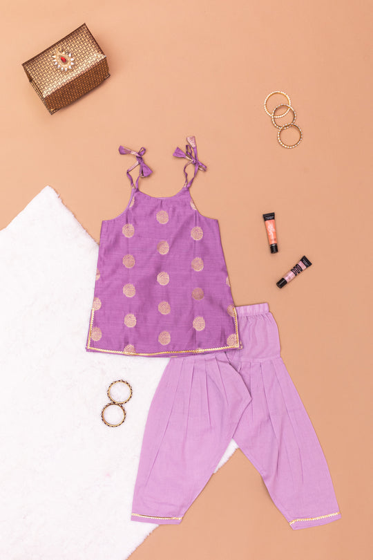 Cookie Lilac Chanderi Silk Tie Up Top And Salvar For Girls - Set