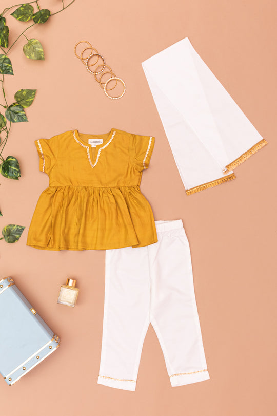 Mishty Mustard Top White Pant and Dupatta Set