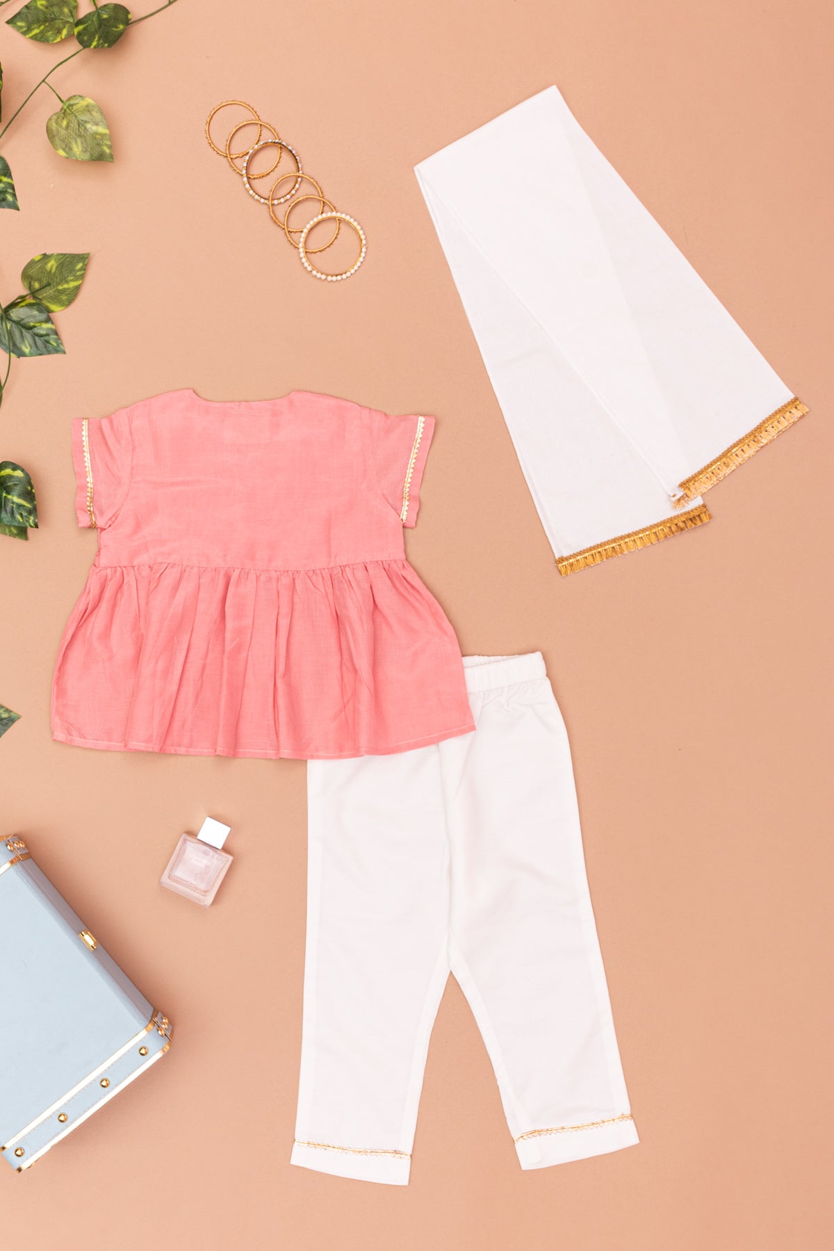 Mishty Pink Top White Pant and Dupatta Set