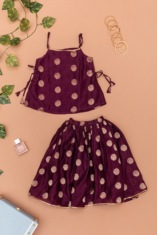 Kiki Wine Chanderi  Silk Lehenga Set - Girls