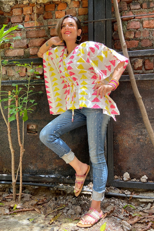 Aila Block Print Kaftan Top - Pink