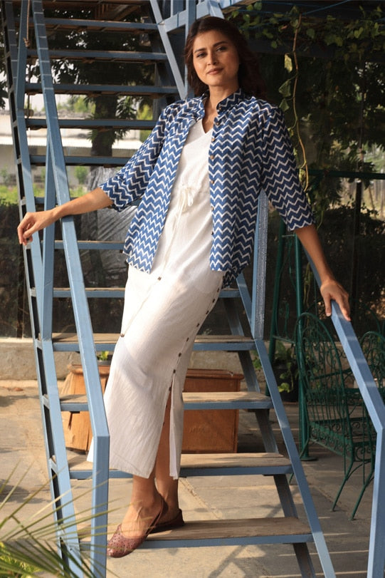 Mia Ivory Maxi Dress & Indigo Block Print Shirt